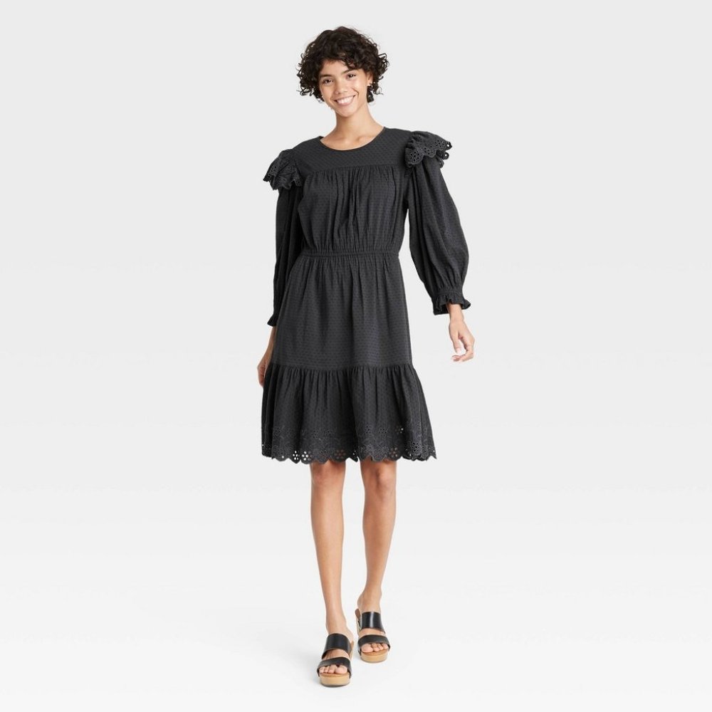 Universal Thread Gray Ruffle 3/4 Length Sleeve Eyelet Dress NWT 013096956 - Picture 10 of 10